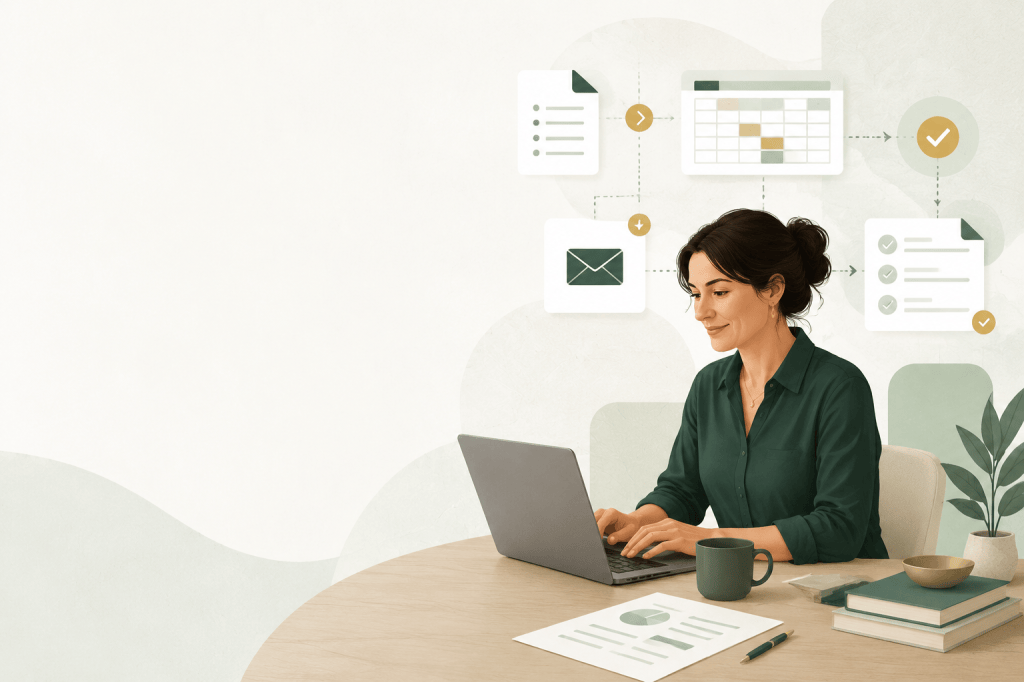 Business owner using familiar digital tools while routine admin flows into an organised automated process