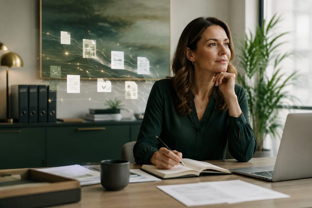 Business professional thinking while AI quietly organises routine documents in the background
