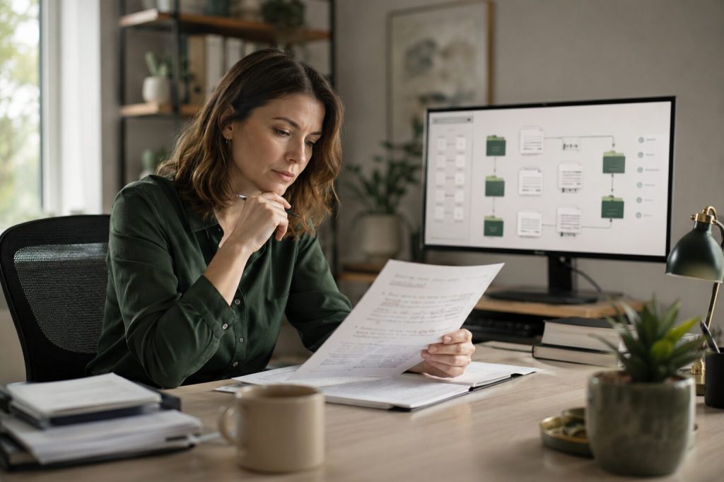 Business professional reviewing an important document while an automated workflow handles routine information