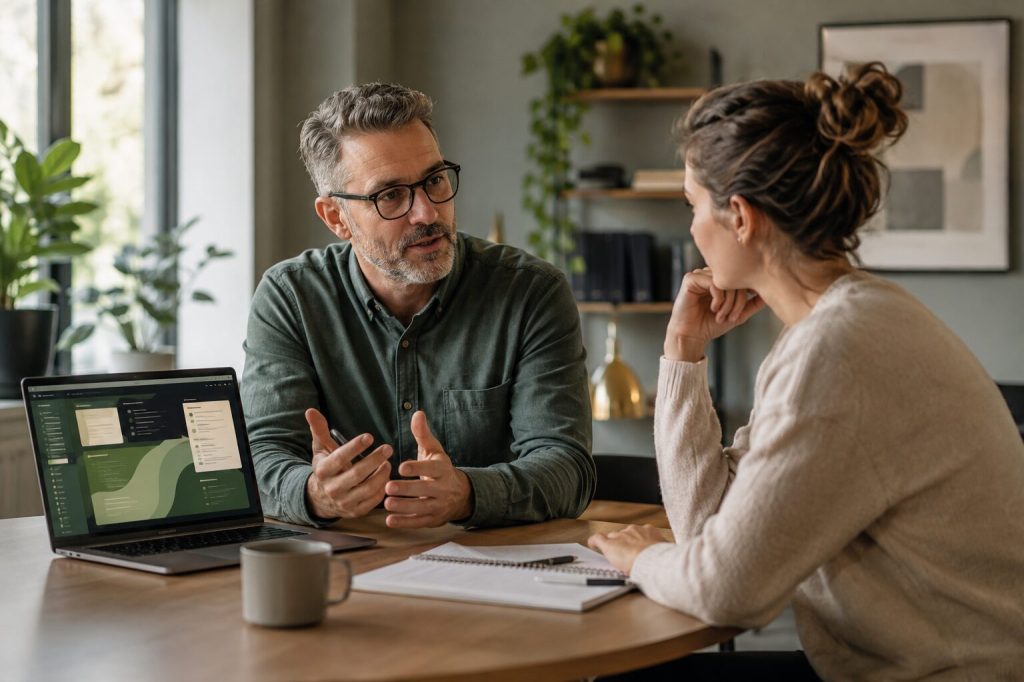 Two colleagues having a thoughtful conversation while AI-supported information remains secondary on a laptop